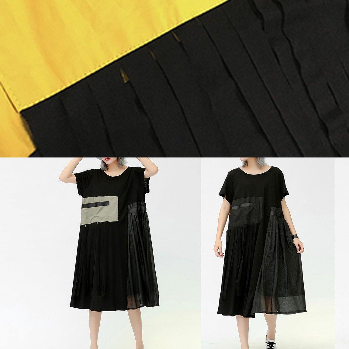 Modern O Neck Patchwork Pockets Cotton Dresses Black Dresses Summer