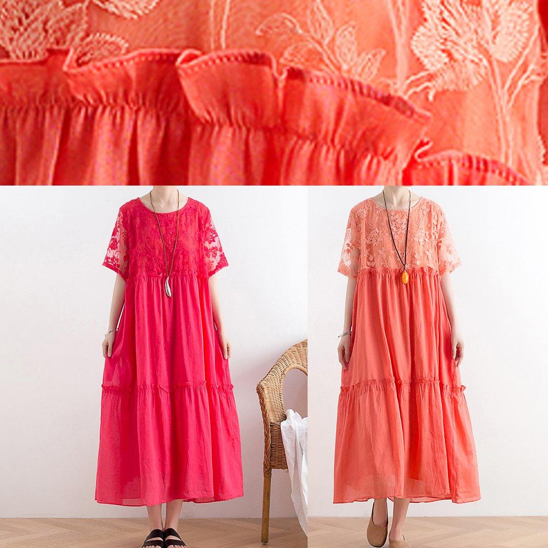 Modern Orange Cotton Tunic Organza Patchwork O Neck Long Summer Dresses