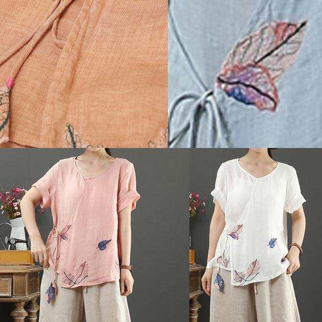 Modern Orange Print Linen Blouse O Neck Short Sleeve Loose Shirt