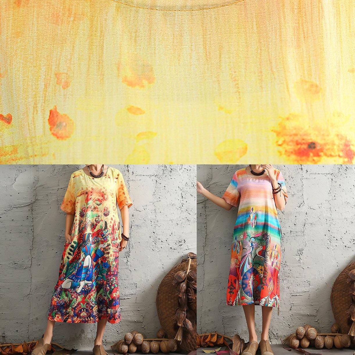 Modern Short Sleeve Linen Cotton Robes Ideas Yellow Prints Dresses Summer