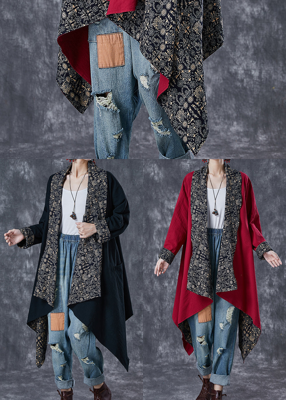 Mulberry Print Cotton Trench Asymmetrical Wear on Both Sides Fall
