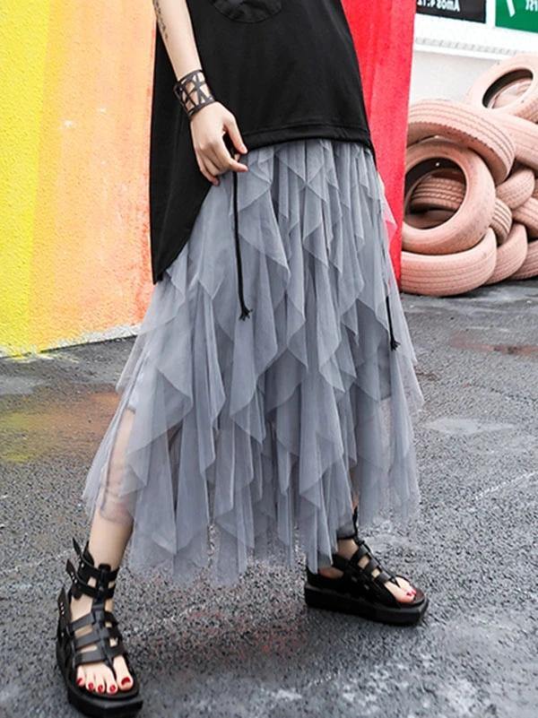 Mu Black Chiffon Skirt Sewing Asymmetric Art Summer Skirt