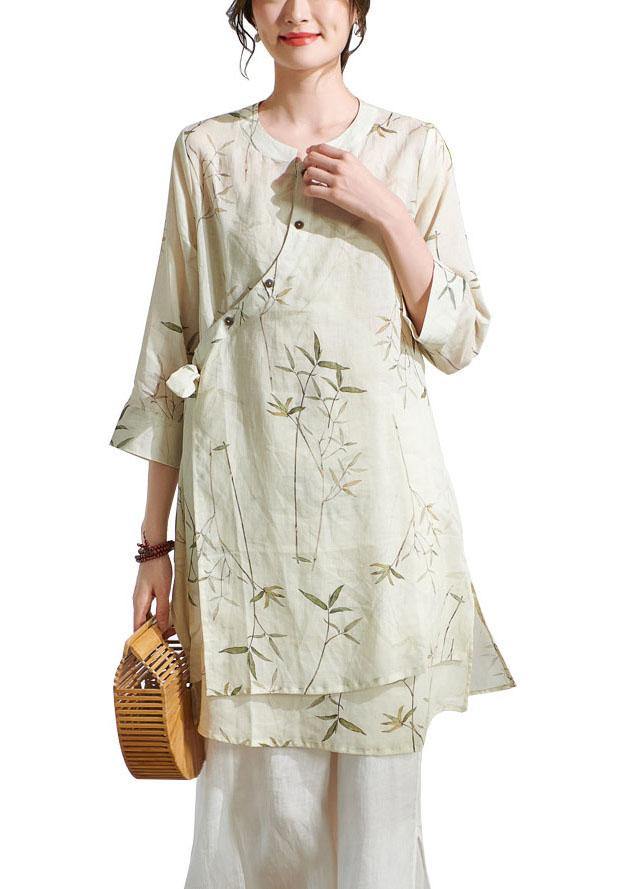 Natural Beige Print Button Summer Ramie Shirt Tops