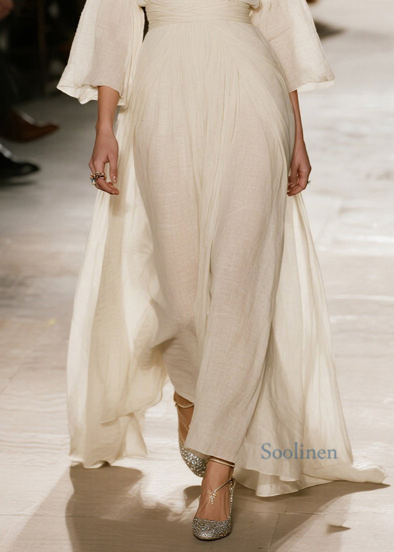 Natural Beige V Neck Patchwork Cotton Maxi Dresses Spring