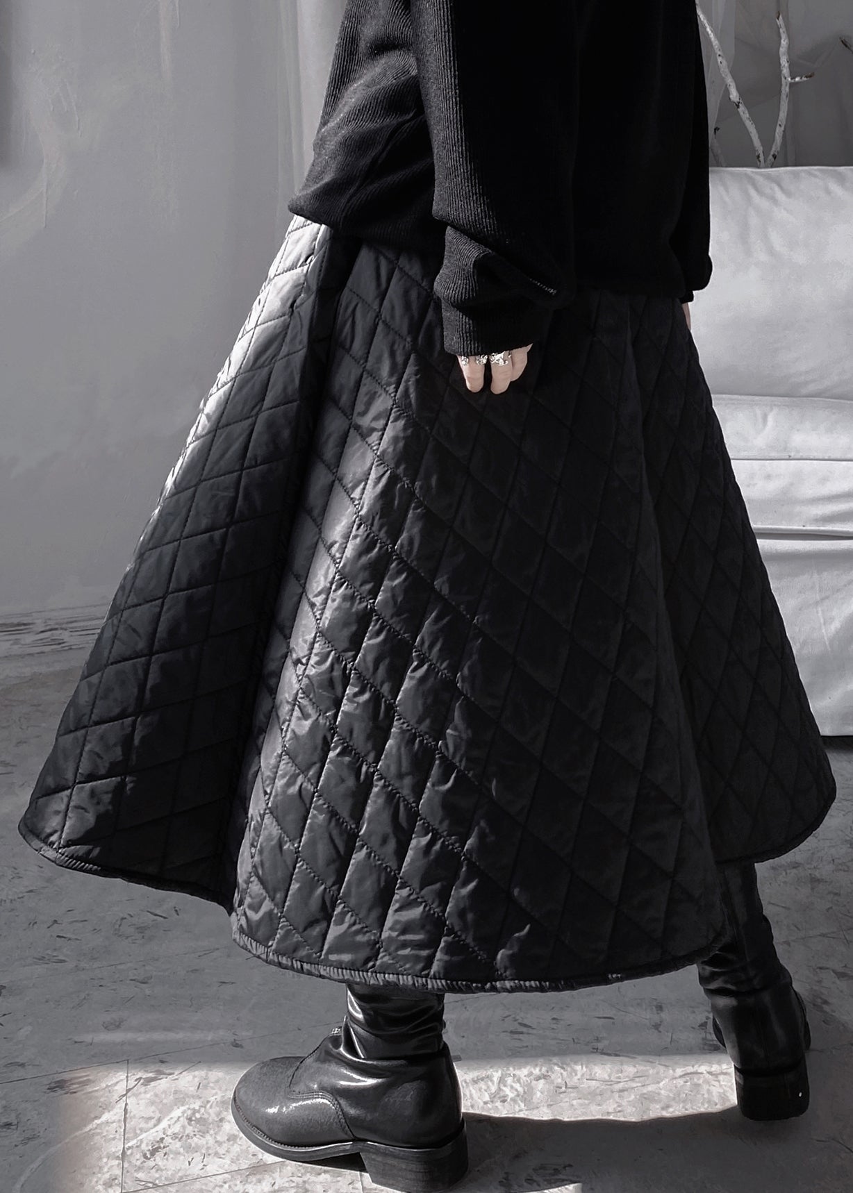 Natural Black Plaid Patchwork Thick a Line Skirts Fall