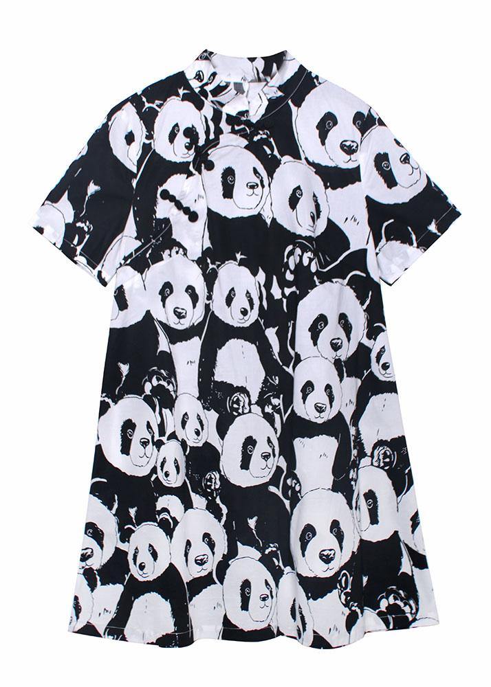 Natural Black Print a Line Long Dress Short Sleeve Cotton Summer
