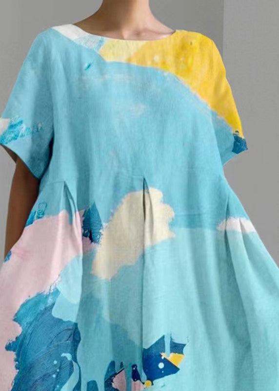 Natural Blue O-neck Print Long Dress Short Sleeve