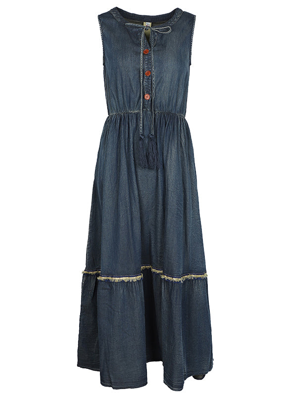 Natural Blue O-neck Drawstring Elastic Waist Cotton Ankle Dress Spring