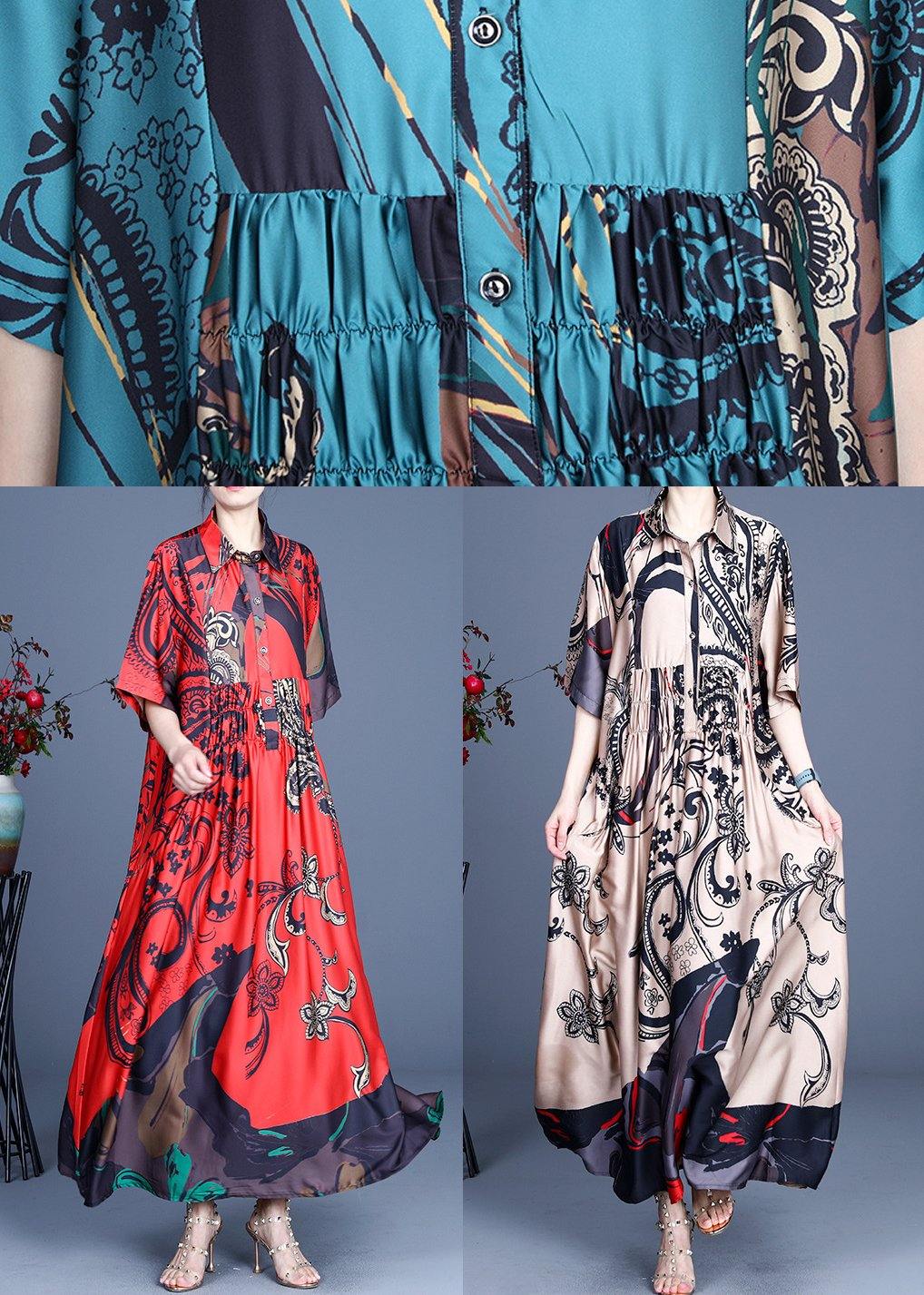 Natural Blue Print Silk Half Sleeve Dress Summer