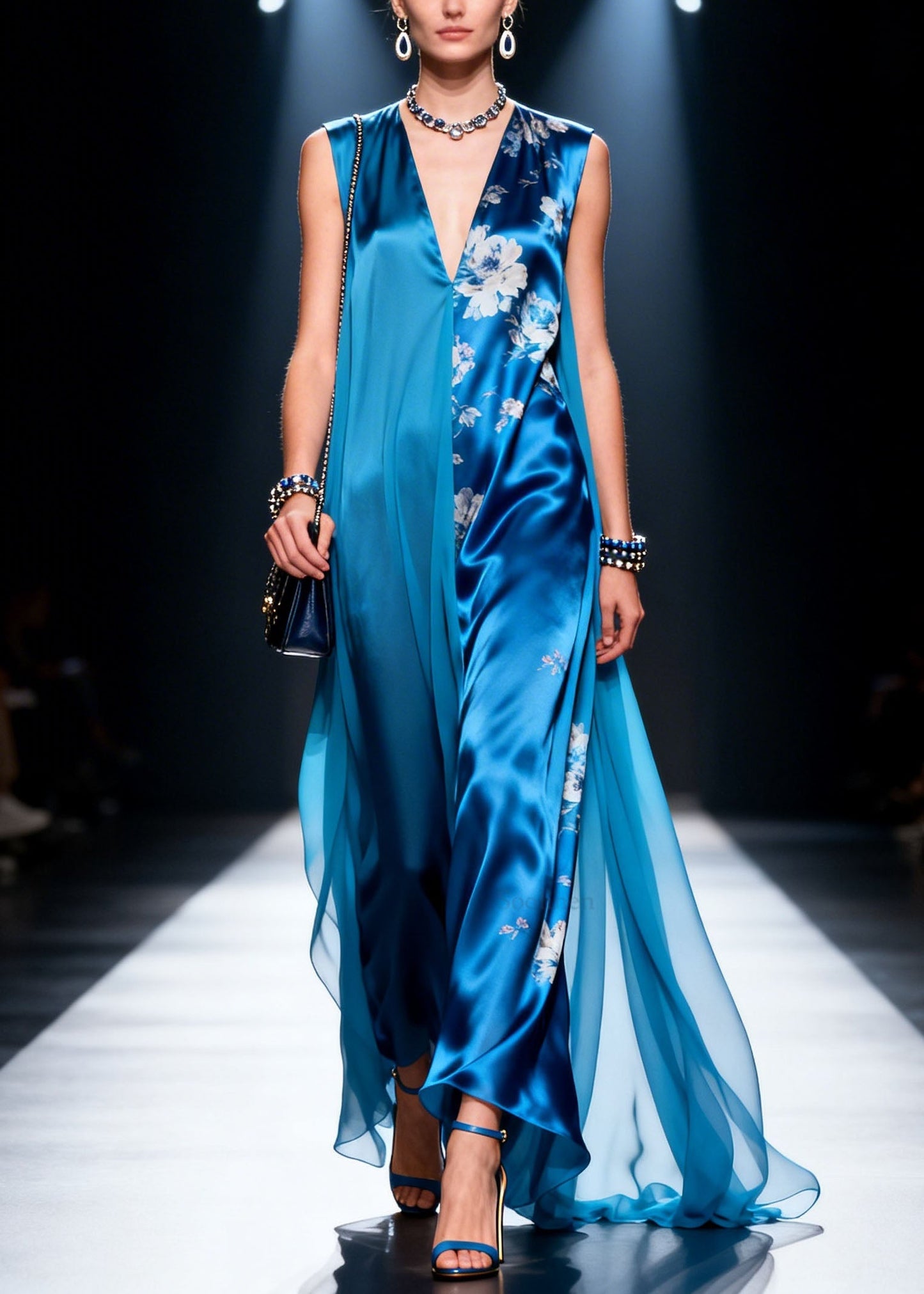 Natural Blue V Neck Print Patchwork Chiffon Dress Sleeveless