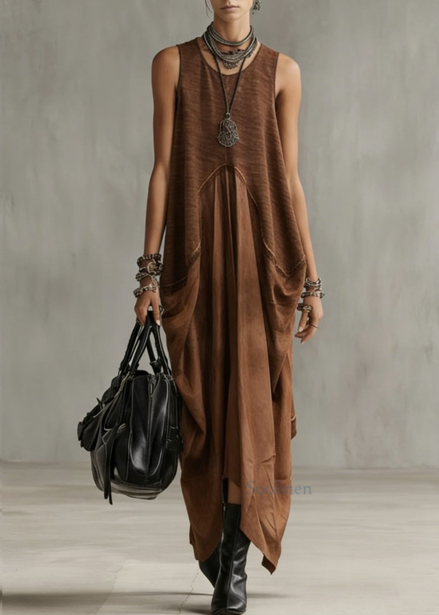 Natural Khaki O-neck Patchwork Long Dress Summer