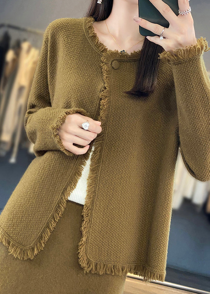 Natural Olive Green O-neck Patchwork Knit Wool Coats Long Sleeve