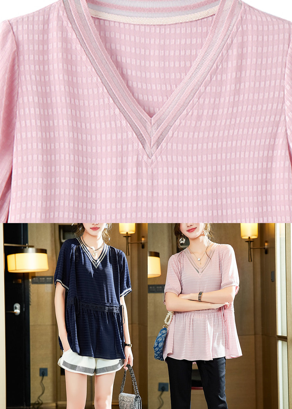 Natural Pink V Neck Plaid Shirt Short Sleeve