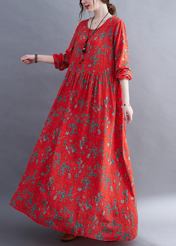 Natural Red O-neck Print Maxi Dress Long Sleeve