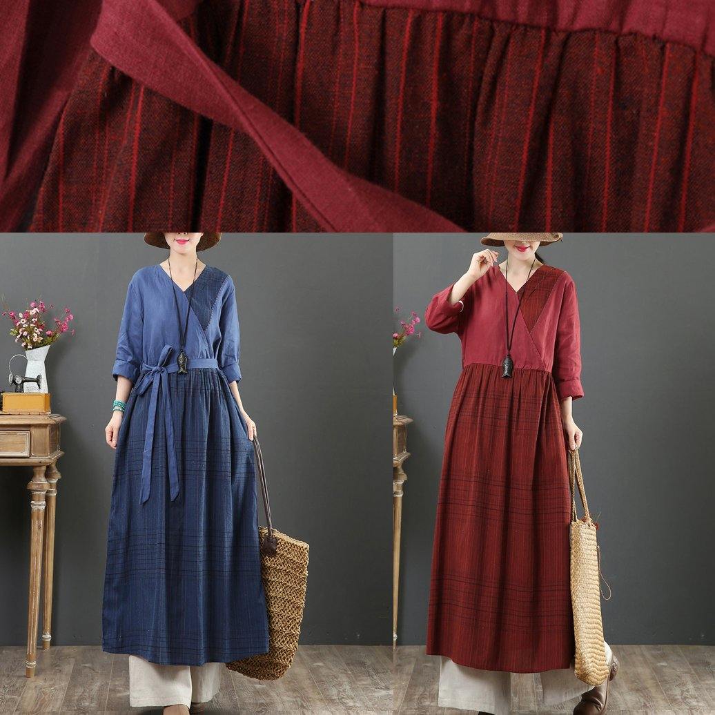 Natural V Neck Tie Waist Spring Dresses Fabrics Blue Plaid Traveling Dress