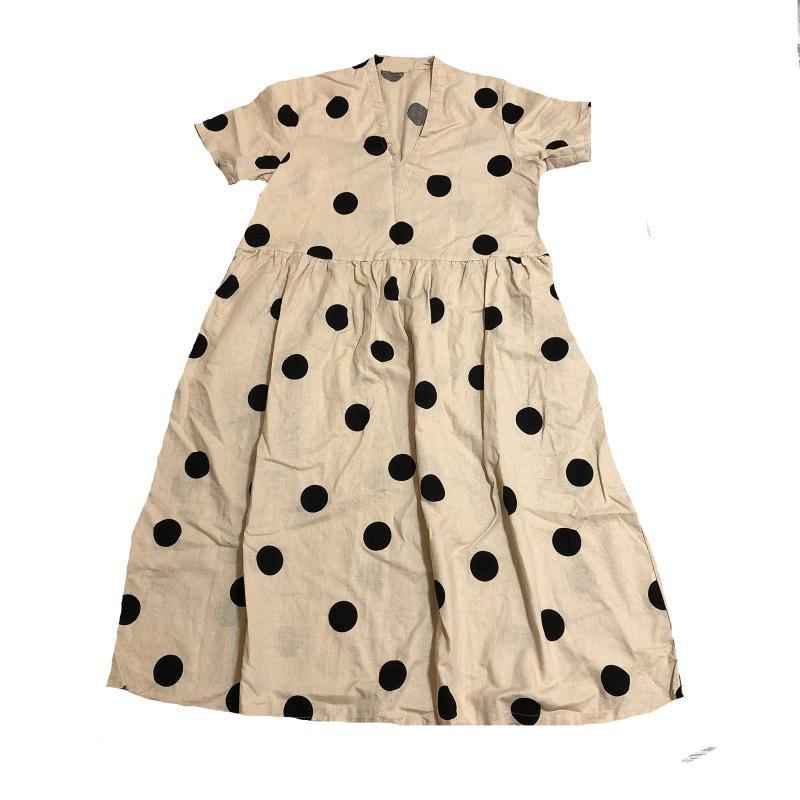 Natural V Neck Wrinkled Spring Tunics Work Outfits Dotted Long Dresses
