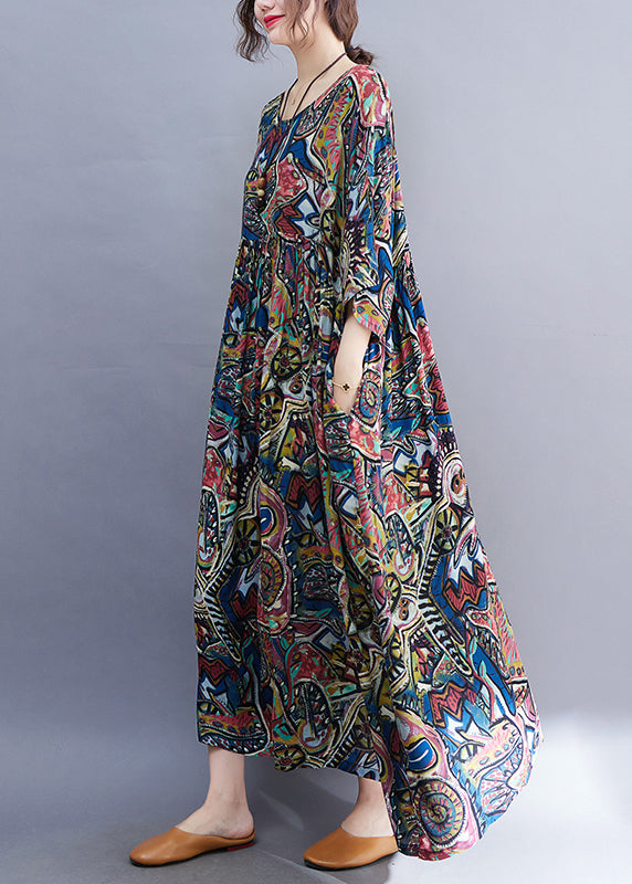 Natural Yellow O-neck Print Wrinkled Long Dress Spring