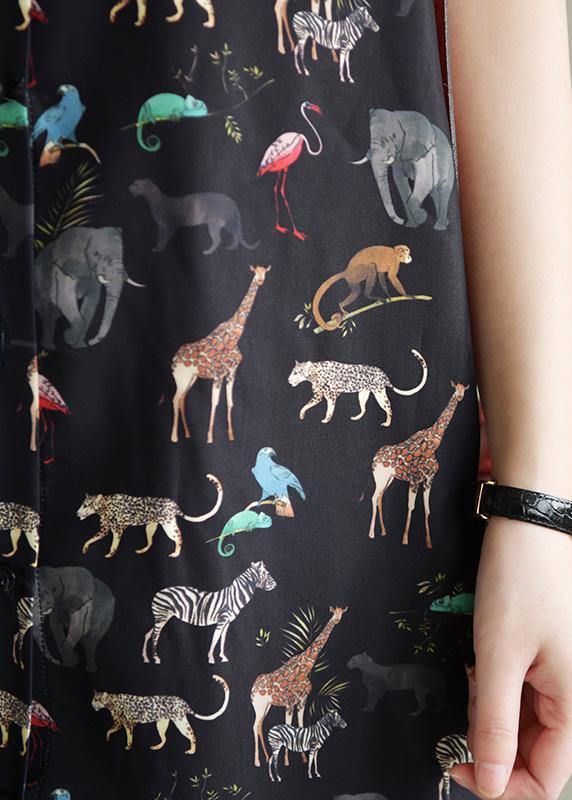 Natural Black Print Chiffon Dresses Fitted Shirts Lapel Short Sleeve Kaftan Summer Dresses
