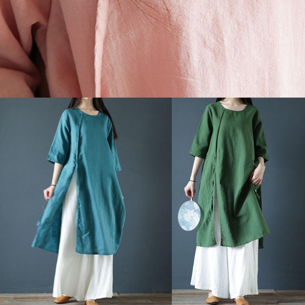 Natural Green Linen Dresses O Neck Side Open Cotton Dress