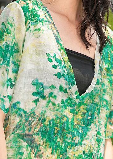 Natural Green Print Linen Wardrobes V Neck Side Open Maxi Summer Dresses