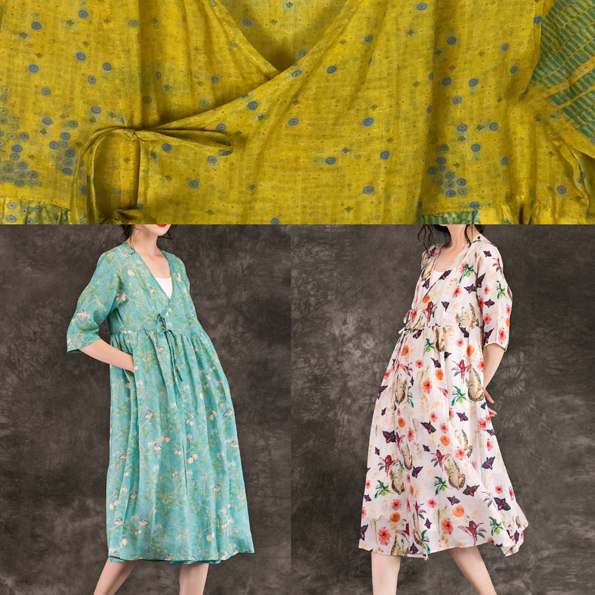 Natural Green Print Linen Clothes Stylish Neckline V Neck Tie Waist Knee Summer Dresses