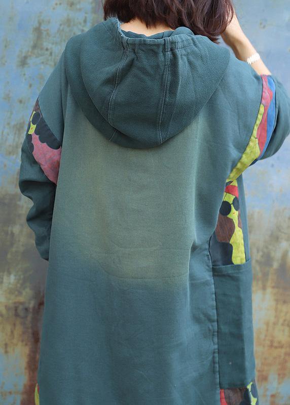 Natural Green Prints Cotton Tunics for Patchwork Long Hooded Dress