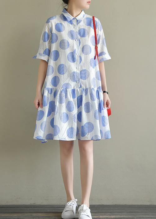 Natural Lapel Half Sleeve Chiffon Quilting Dresses Inspiration Blue Dotted Dress Summer