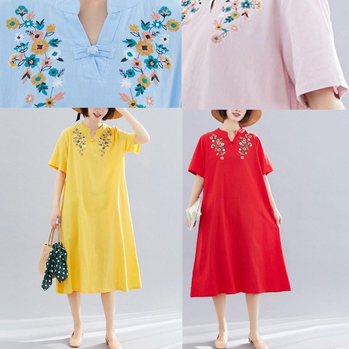 Natural Light Blue Linen Cotton Clothes Embroidery Clothing Summer Dresses