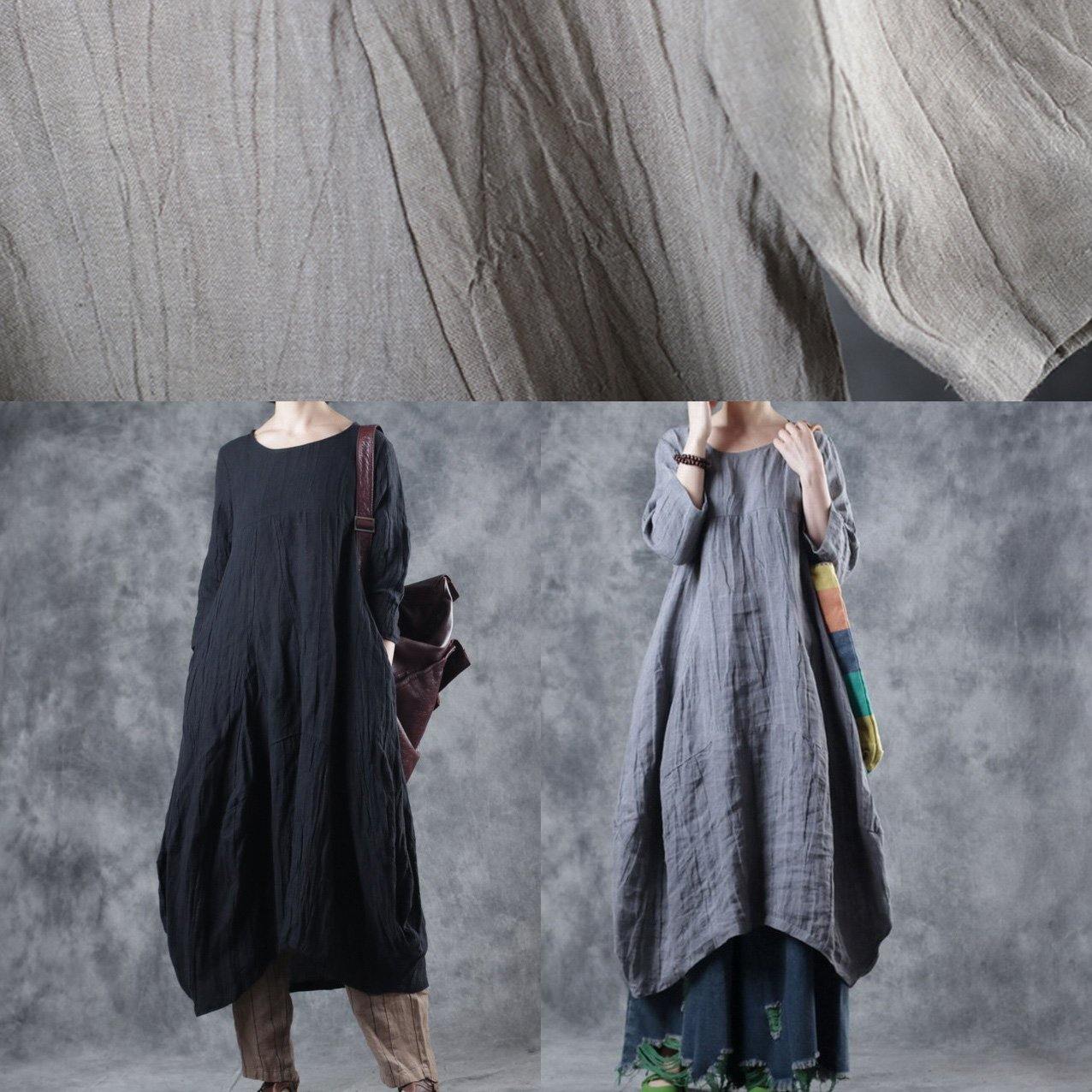 Natural Linen Clothes for Work Gray Dress O Neck
