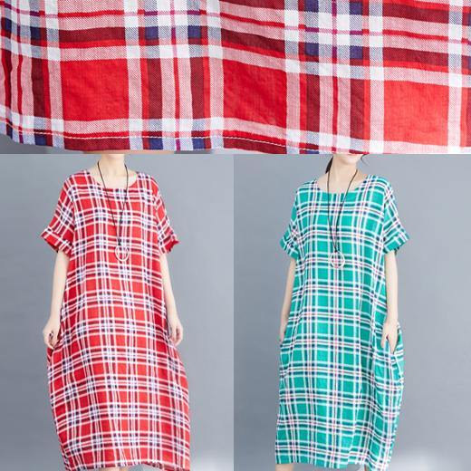 Natural O Neck Cotton Clothes for Fabrics Red Plaid Maxi Dress Summer