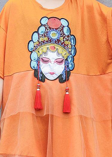 Natural Orange Prints Cotton Clothes for Patchwork Tulle Loose Summer Dresses