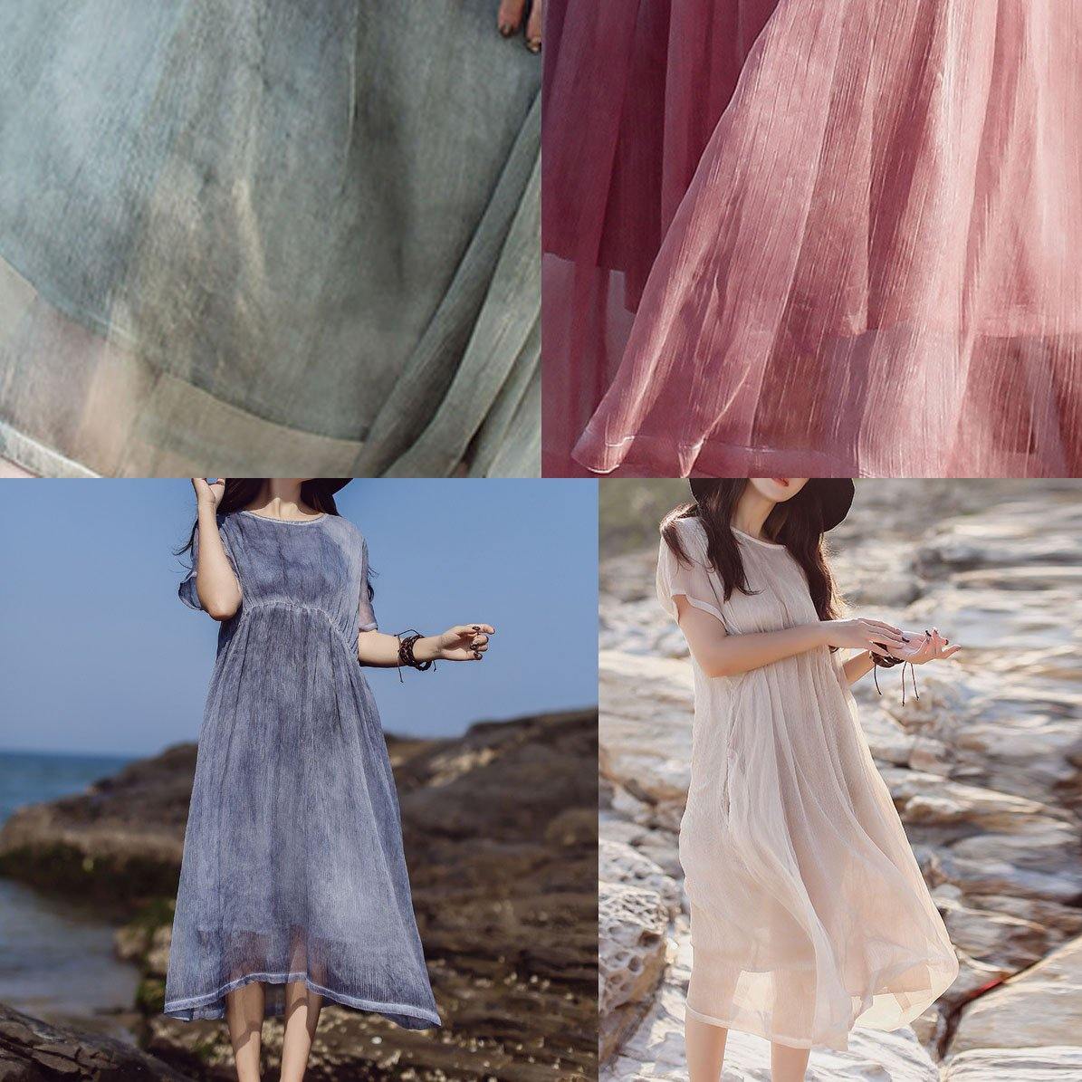 Natural Pink Cotton Quilting Clothes Short Sleeve Loose Summer Dress