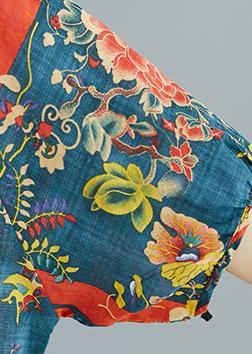 Natural Prints Cotton Tunic Pattern O Neck Short Sleeve Linen Daily Summer Blouse