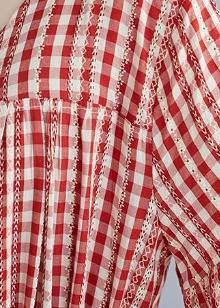 Natural Red Plaid Cotton Long Shirts V Neck Cinched Robe Summer Dresses