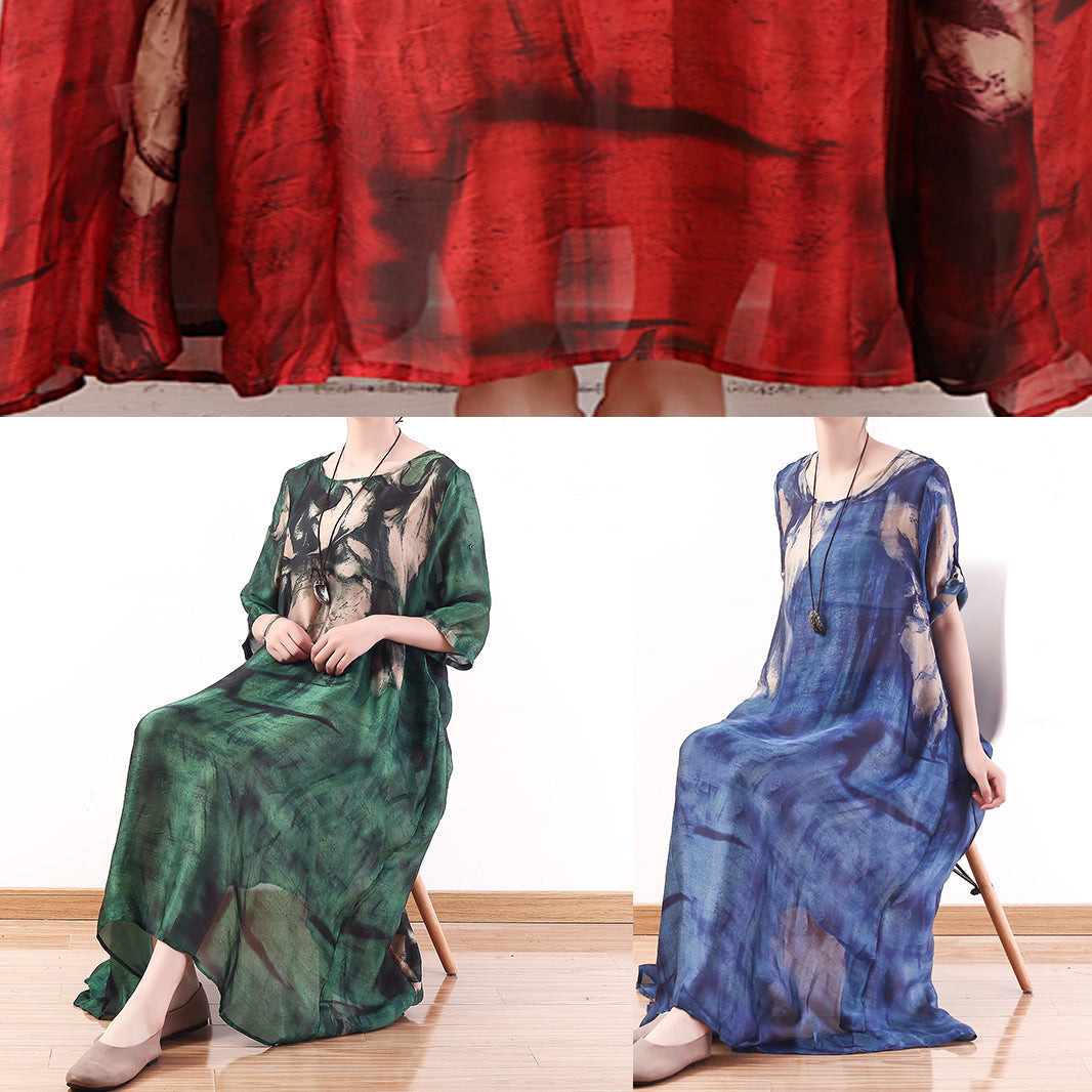 Natural Red Print Silk Dresses Asymmetric Big Hem Kaftan Summer Dresses