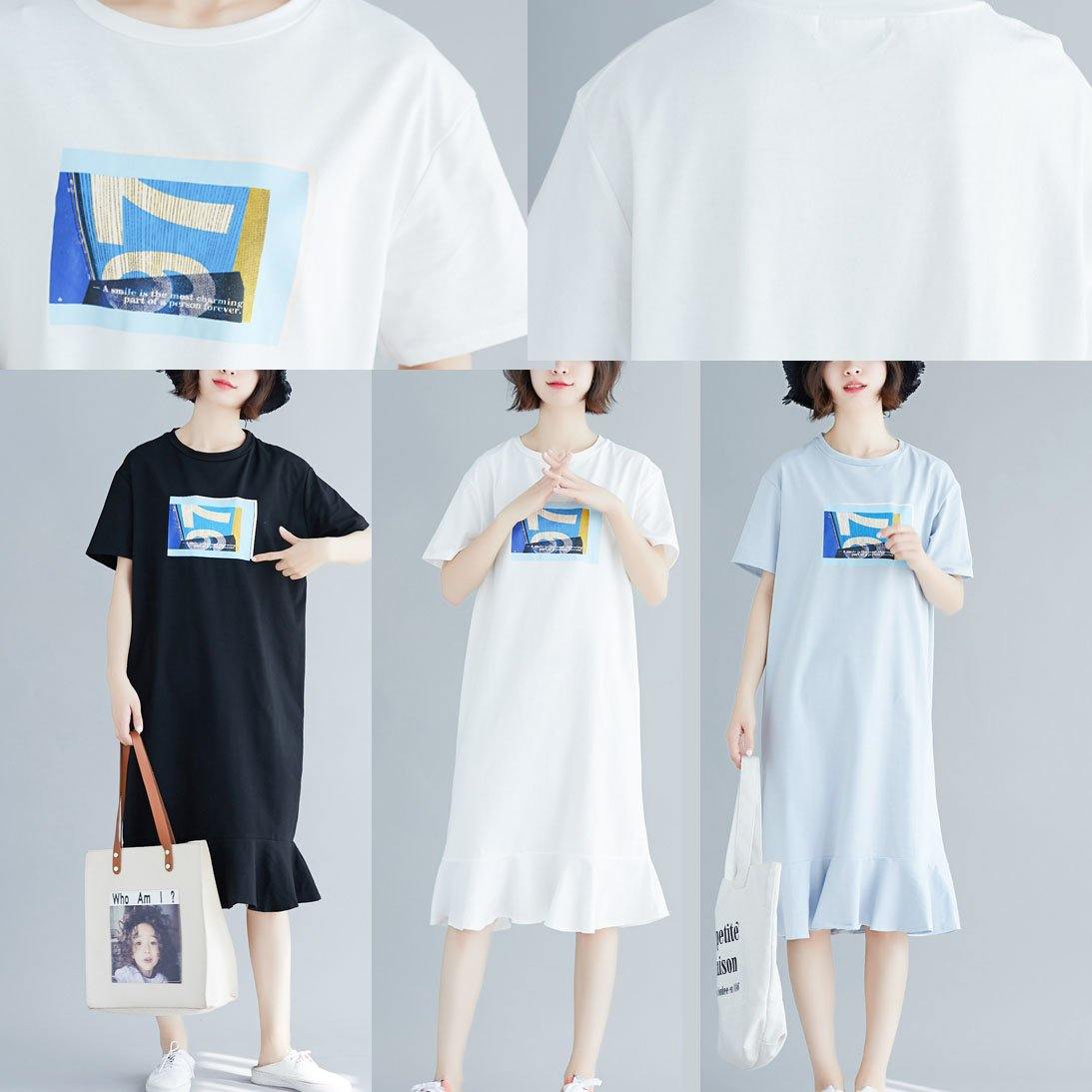 Natural Ruffles Hem Cotton Clothes for Shirts White Prints Dress Summer
