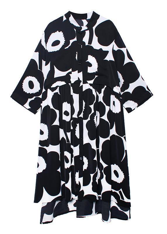 Natural Stand Collar Asymmetric Quilting Dresses Inspiration Black Print Dresses