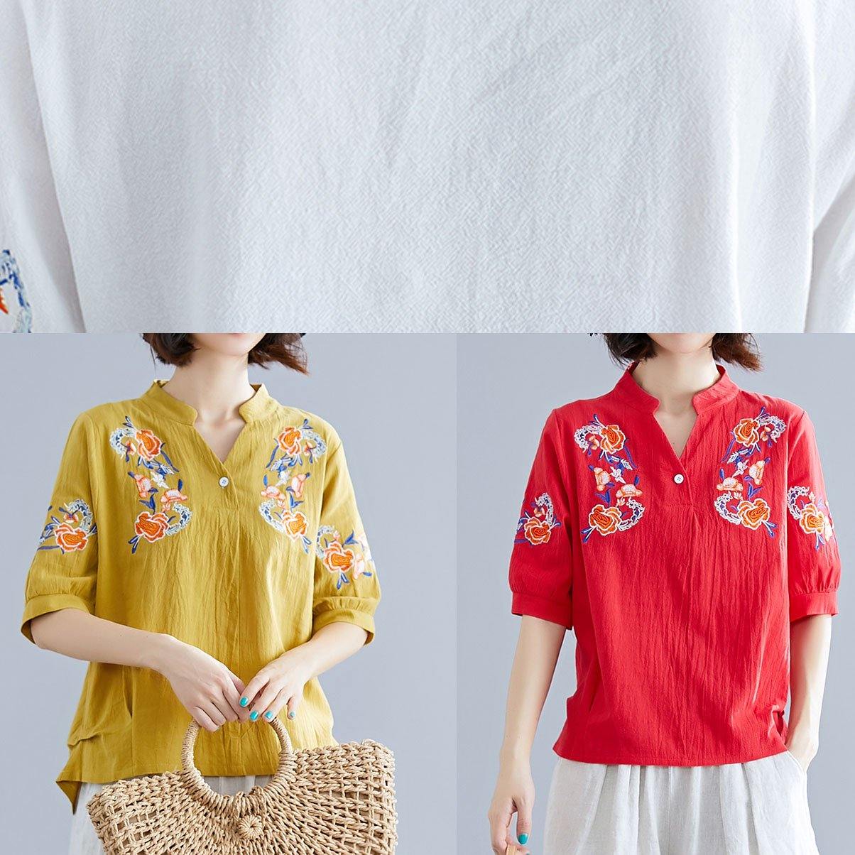 Natural White Embroidery Linen Clothes Work Outfits V Neck Summer Blouses
