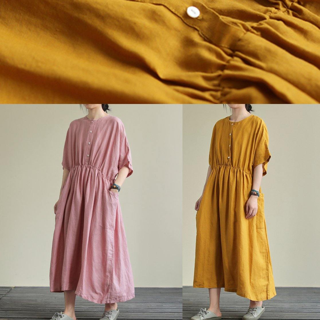 Natural Yellow Linen Outfit O Neck Elastic Waist Linen Robes Summer Dresses