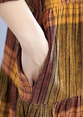 Natural Yellow Plaid Linen Clothes for Stand Collar Maxi Summer Dresses