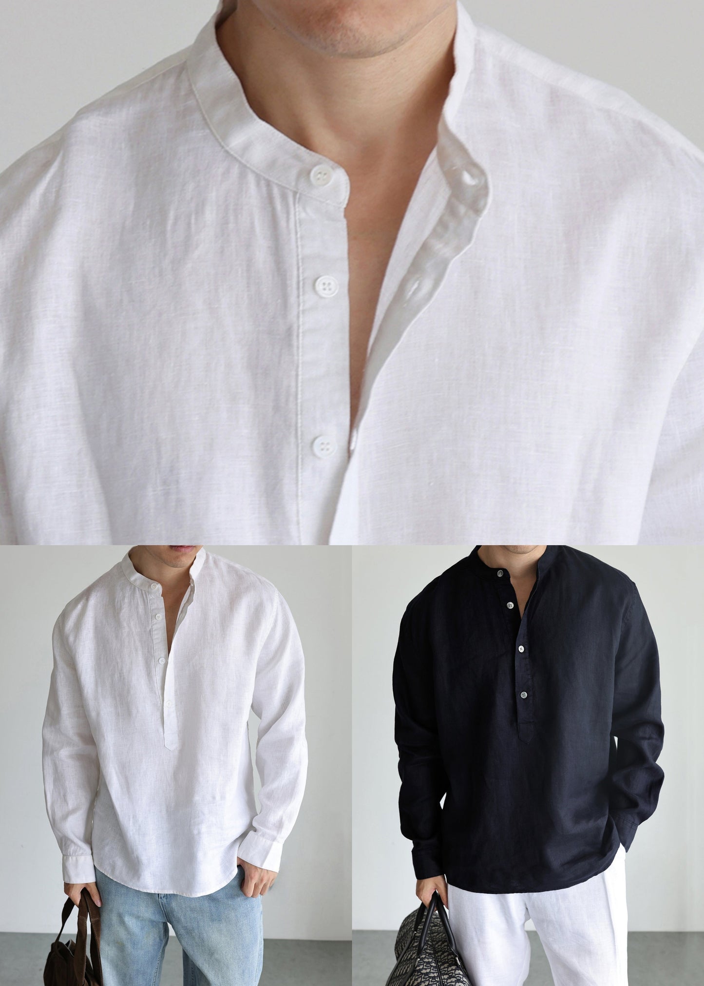 Navy Button Solid Loose Linen Shirts Mens Stand Collar