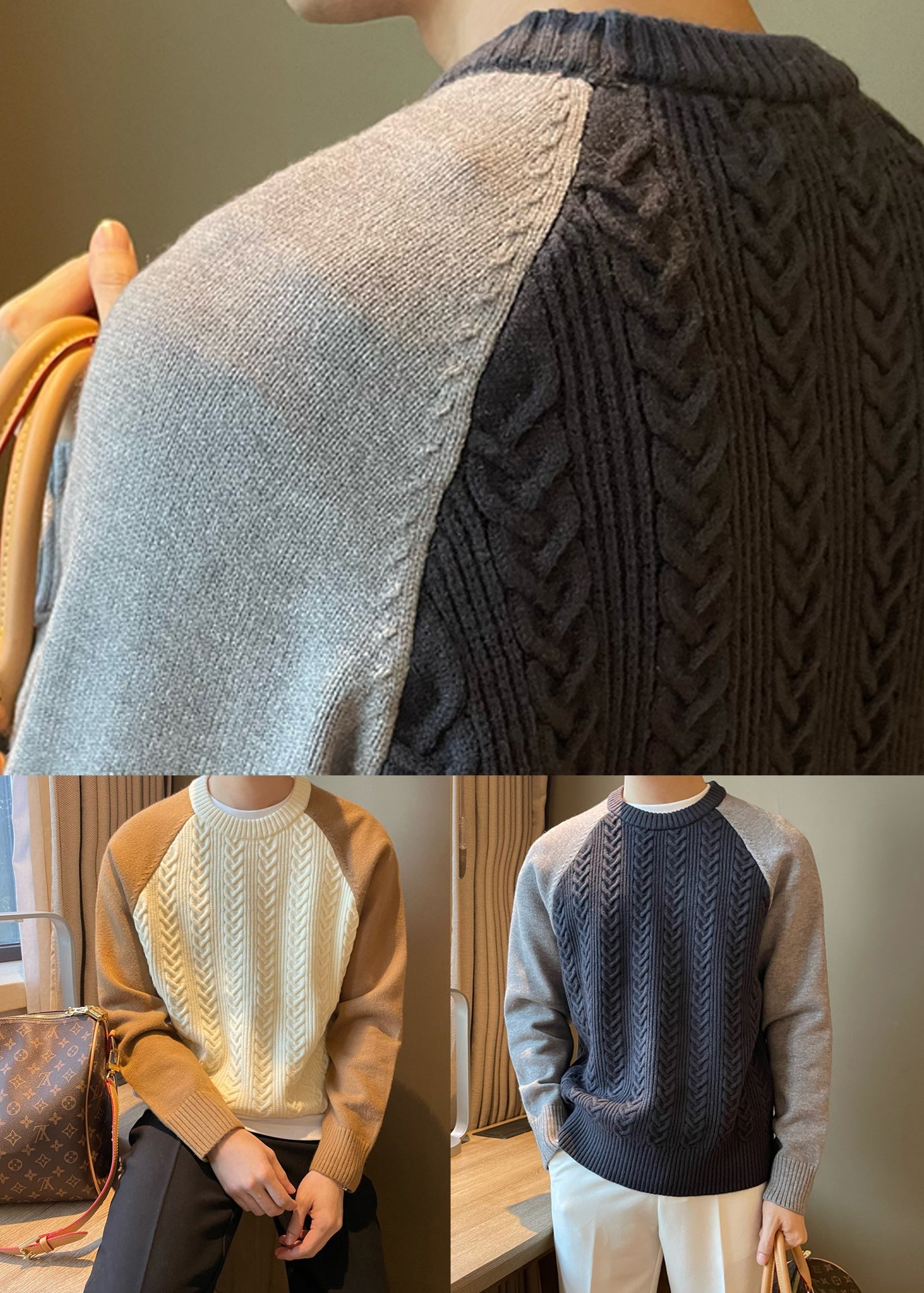 Navy Cozy Patchwork Cable Knit Fall Sweaters O Neck