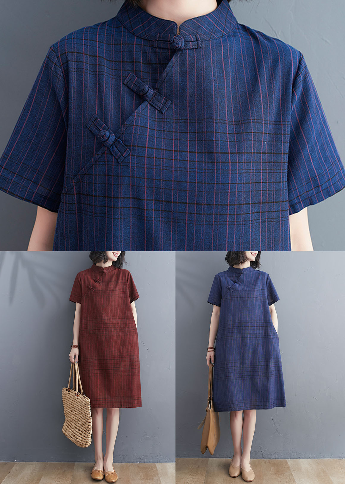 Navy Patchwork Cotton Dress Stand Collar Chinese Button Summer