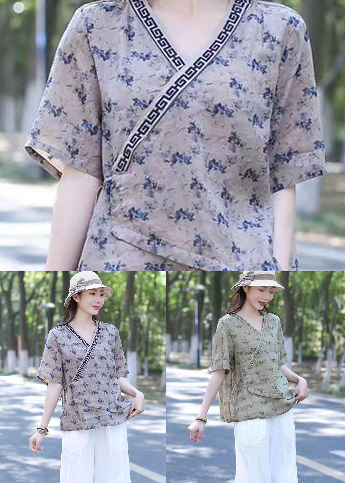 Navy Print Patchwork Cotton Blend Blouse Top V Neck Lace Up Summer