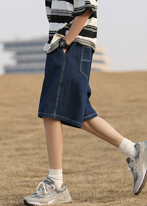 Navy Pockets Denim Shorts High Waist