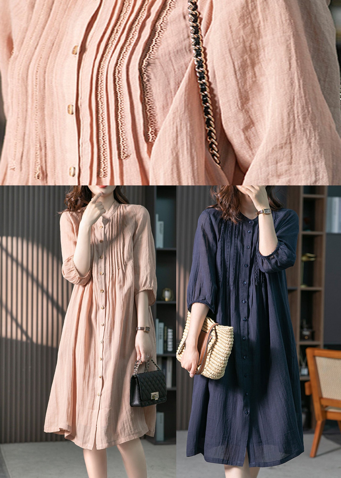 Navy Wrinkled Linen Long Dresses Long Sleeve