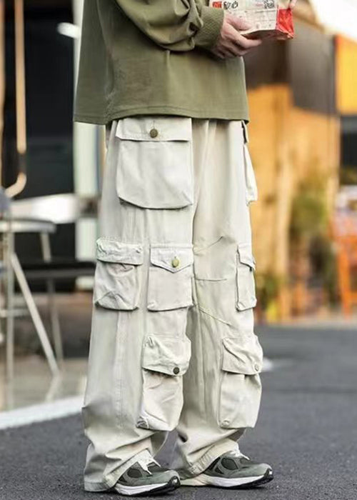 New Apricot Button Pockets Patchwork Cotton Fall Pants