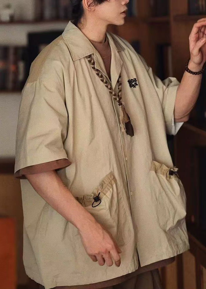 New Apricot Drawstring Pockets Cotton Shirts Summer