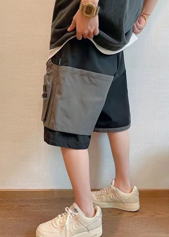 New Black Asymmetrical Pockets Patchwork Cotton Shorts Summer