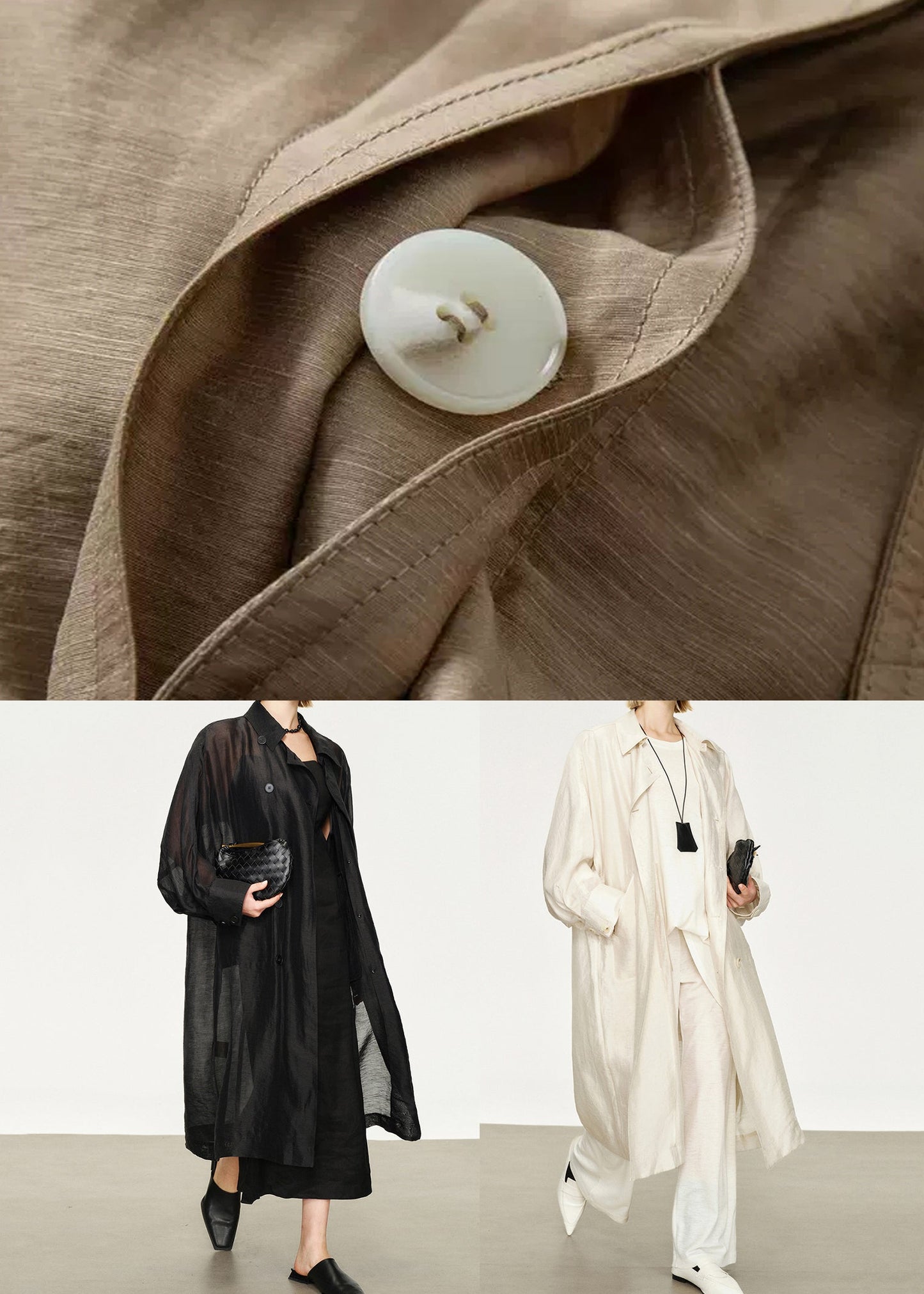 New Black Button Pockets Linen Silk Long Trench Coat Batwing Sleeve